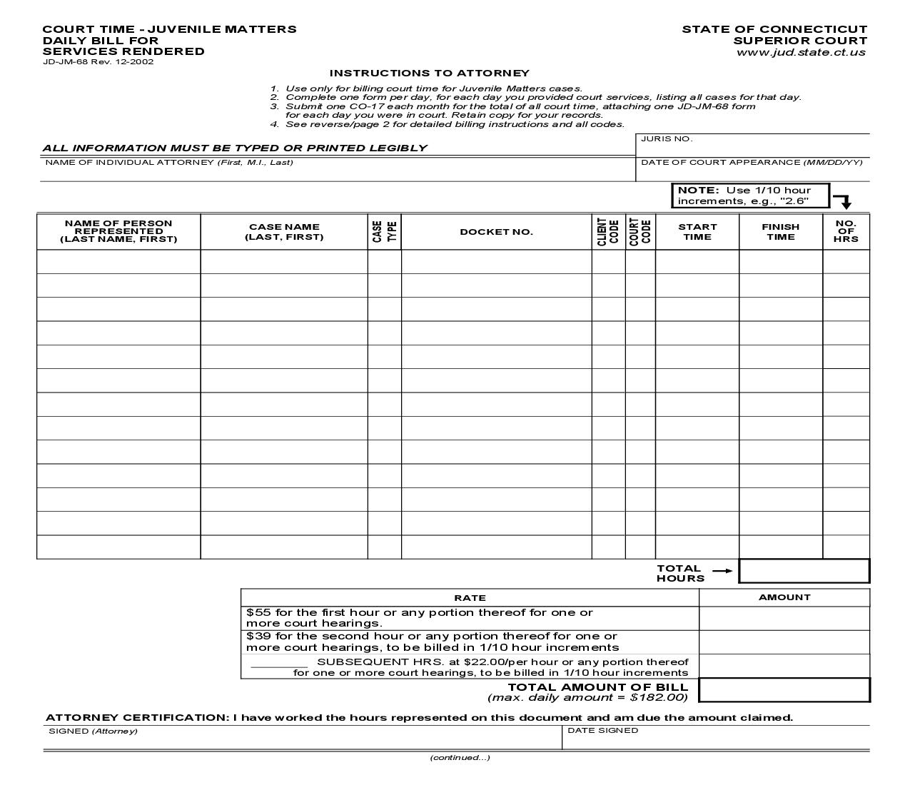 Court Time - Juvenile Matters - Daily Bill For Services Rendered {JD-JM-68} | Pdf Fpdf Doc Docx | Connecticut
