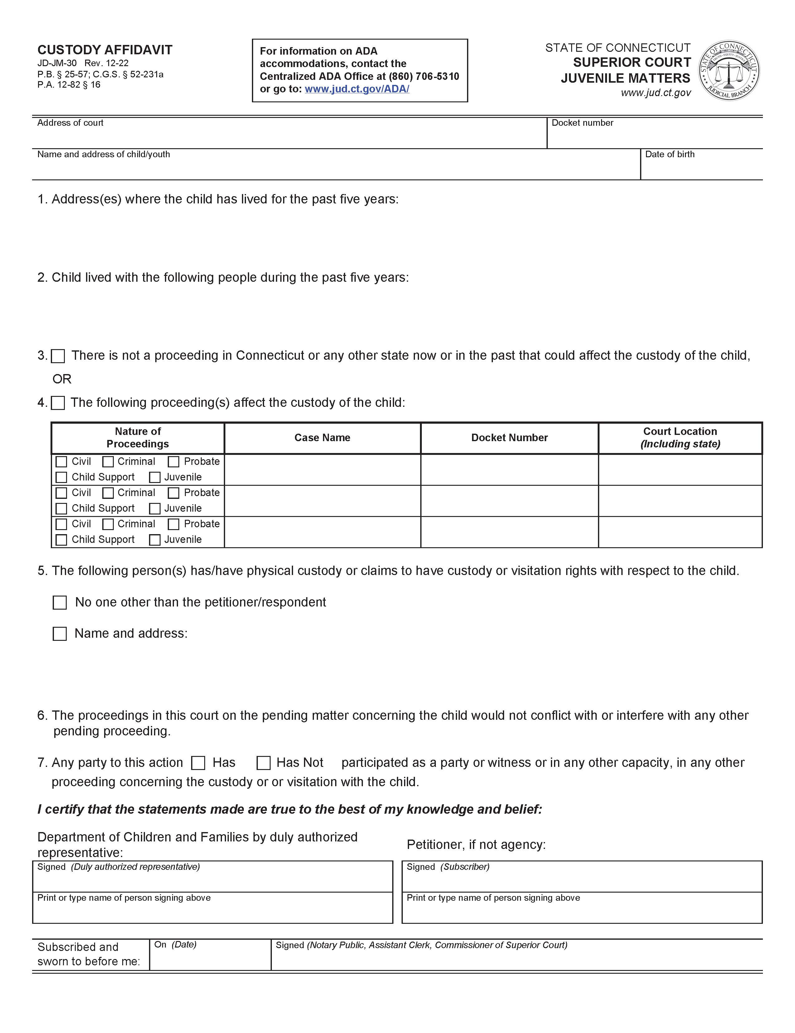 Custody Affidavit {JD-JM-30} | Pdf Fpdf Doc Docx | Connecticut