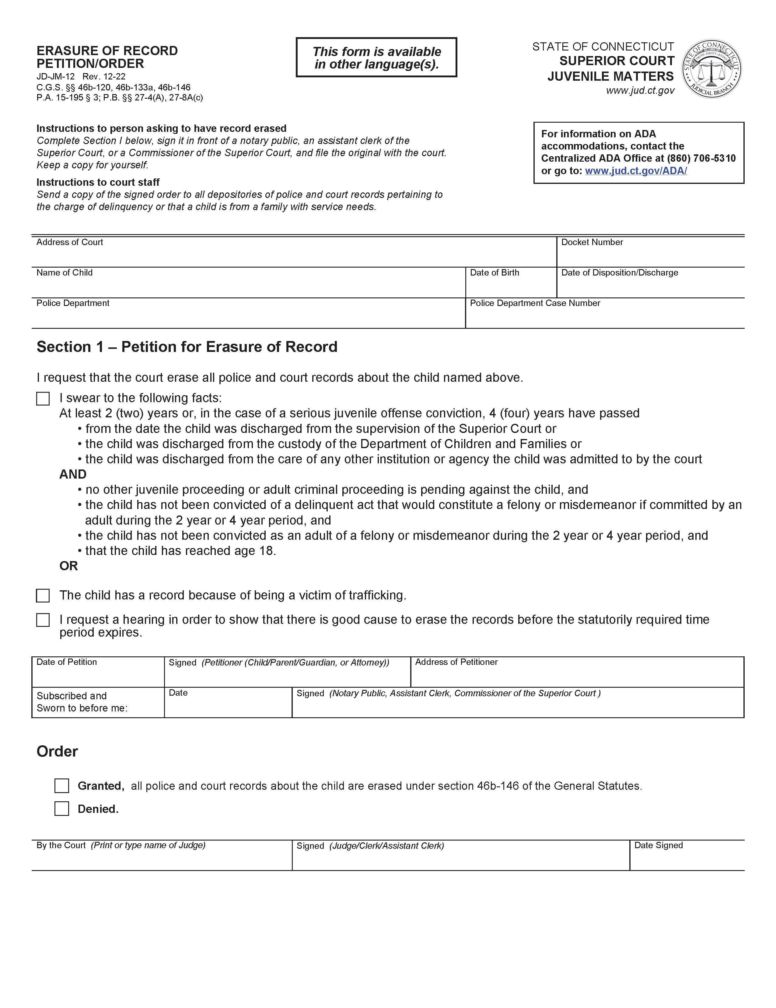 Erasure Of Record Petition Or Order {JD-JM-12} | Pdf Fpdf Doc Docx | Connecticut