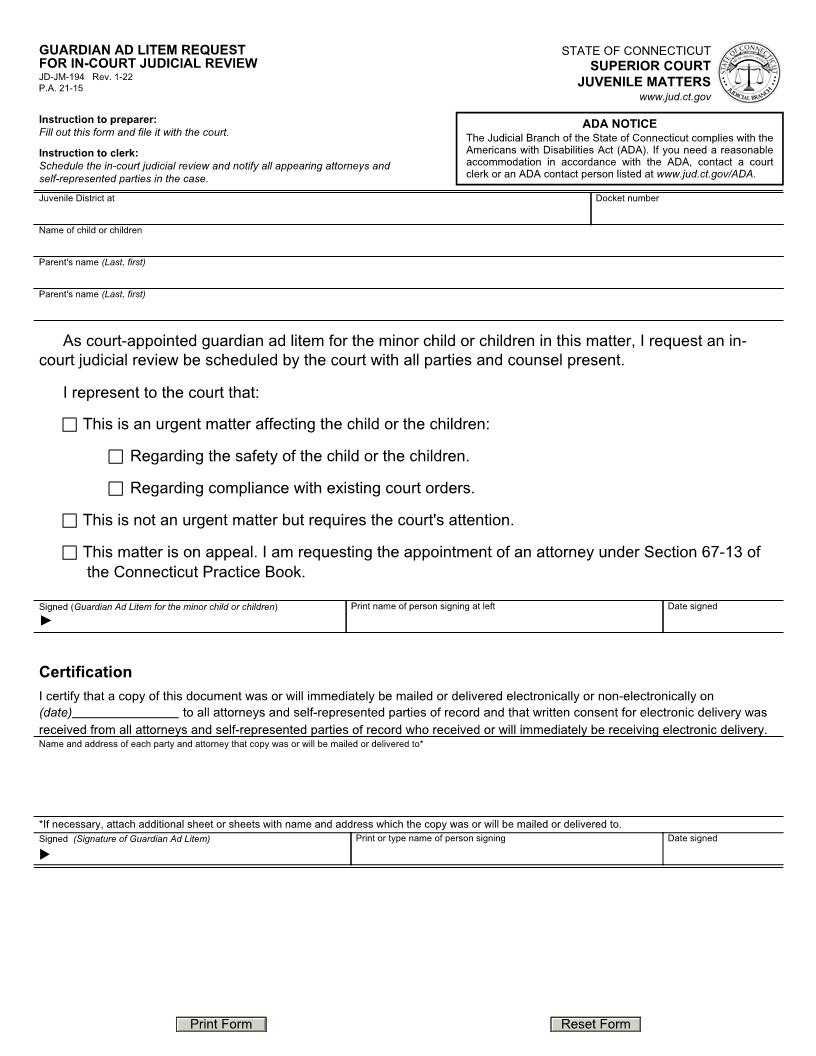 Guardian Ad Litem Request For In-Court Judicial Review {JD-JM-194} | Pdf Fpdf Doc Docx | Connecticut