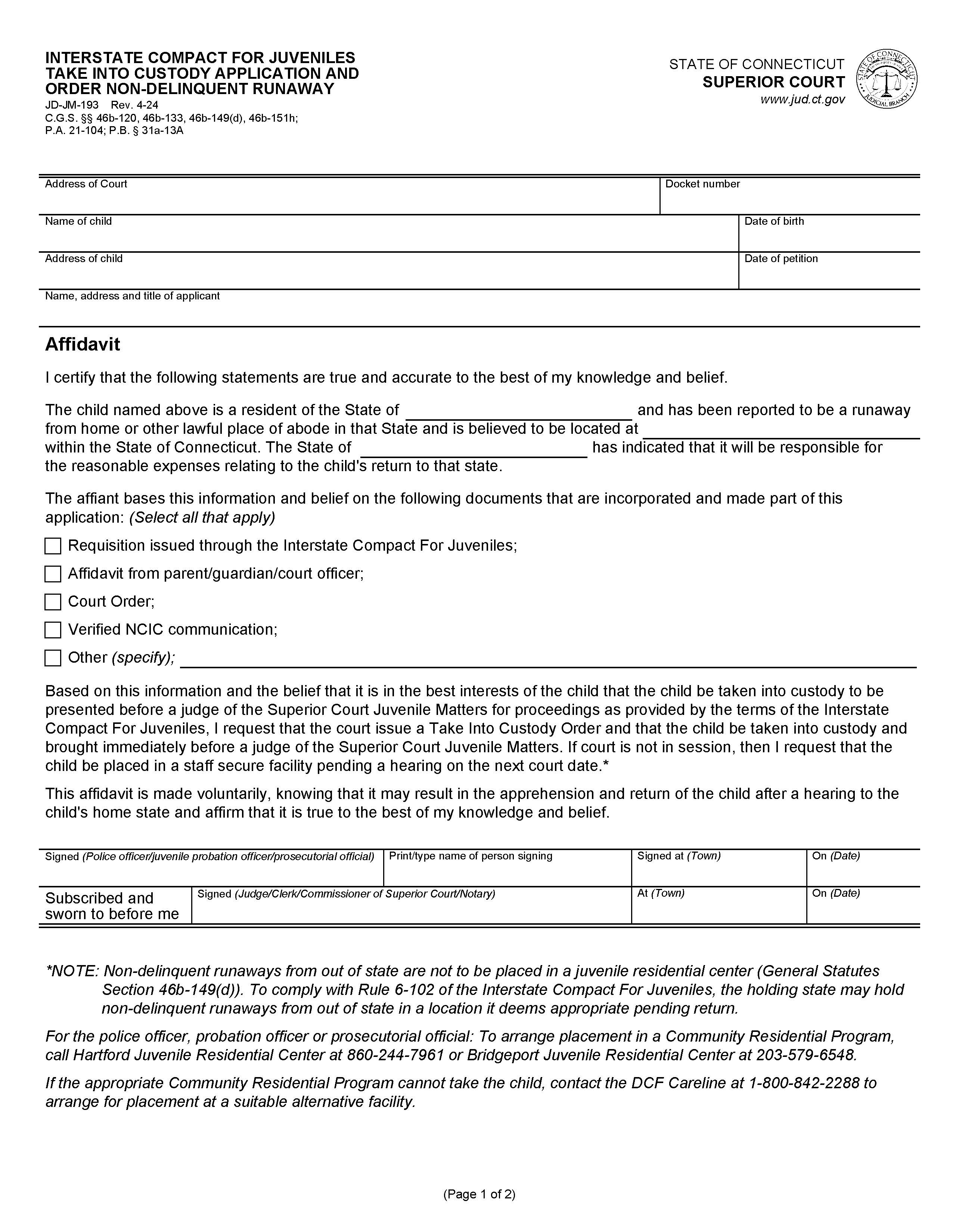 Interstate Compact For Juveniles {JD-JM-193} | Pdf Fpdf Docx | Connecticut