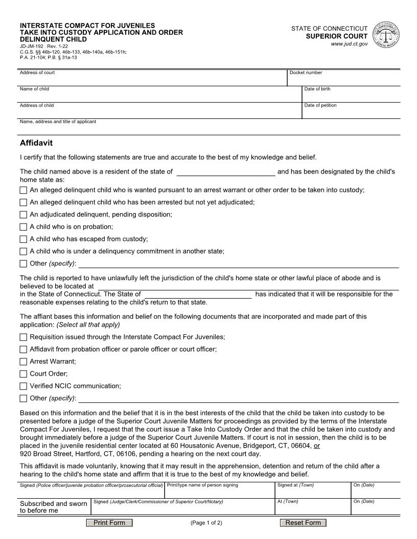 Interstate Compact For Juveniles Take Into Custody Application {JD-JM-192} | Pdf Fpdf Docx | Connecticut