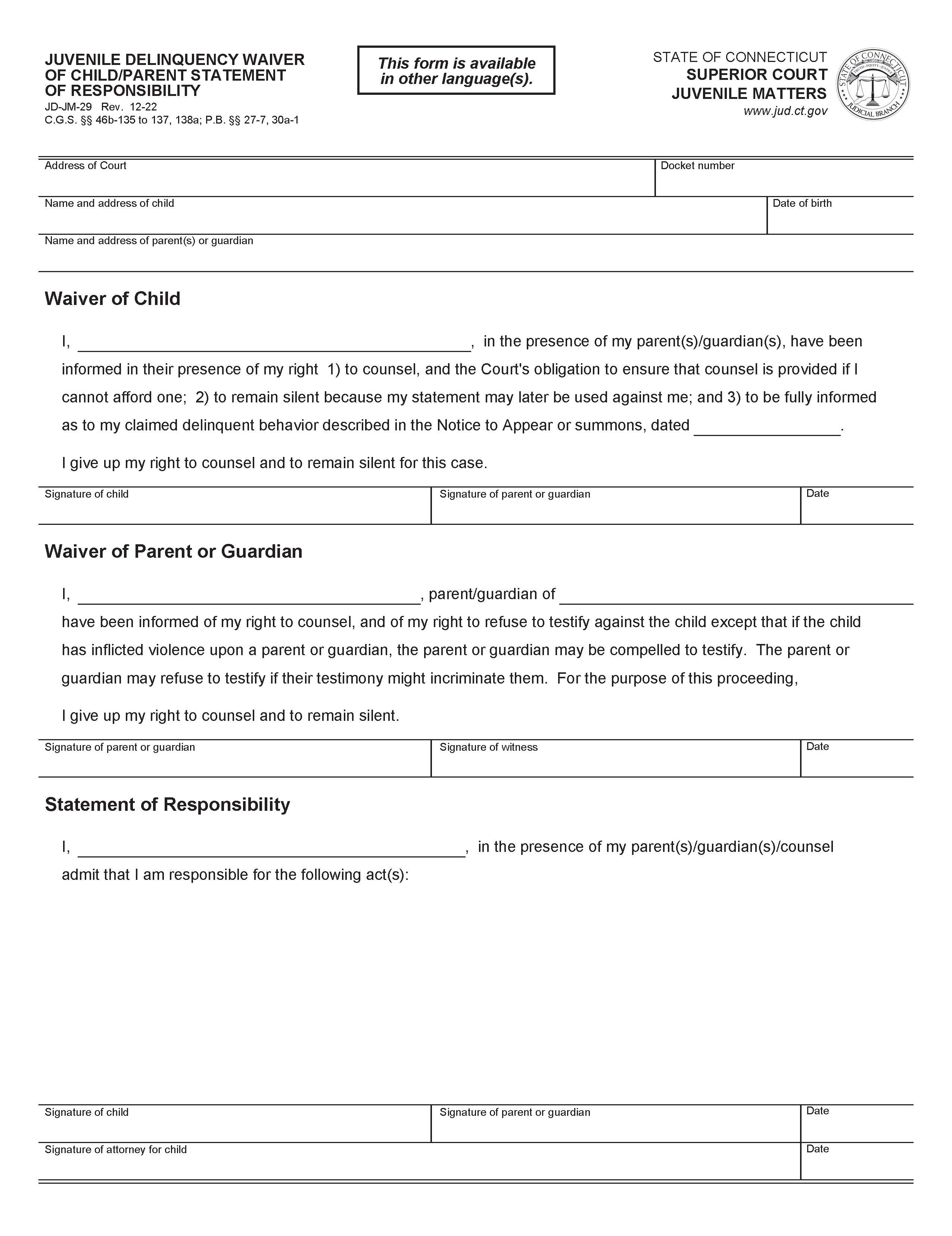Juvenile Delinquency Waiver Of Child Parent Statement Of Responsibility {JD-JM-29} | Pdf Fpdf Doc Docx | Connecticut