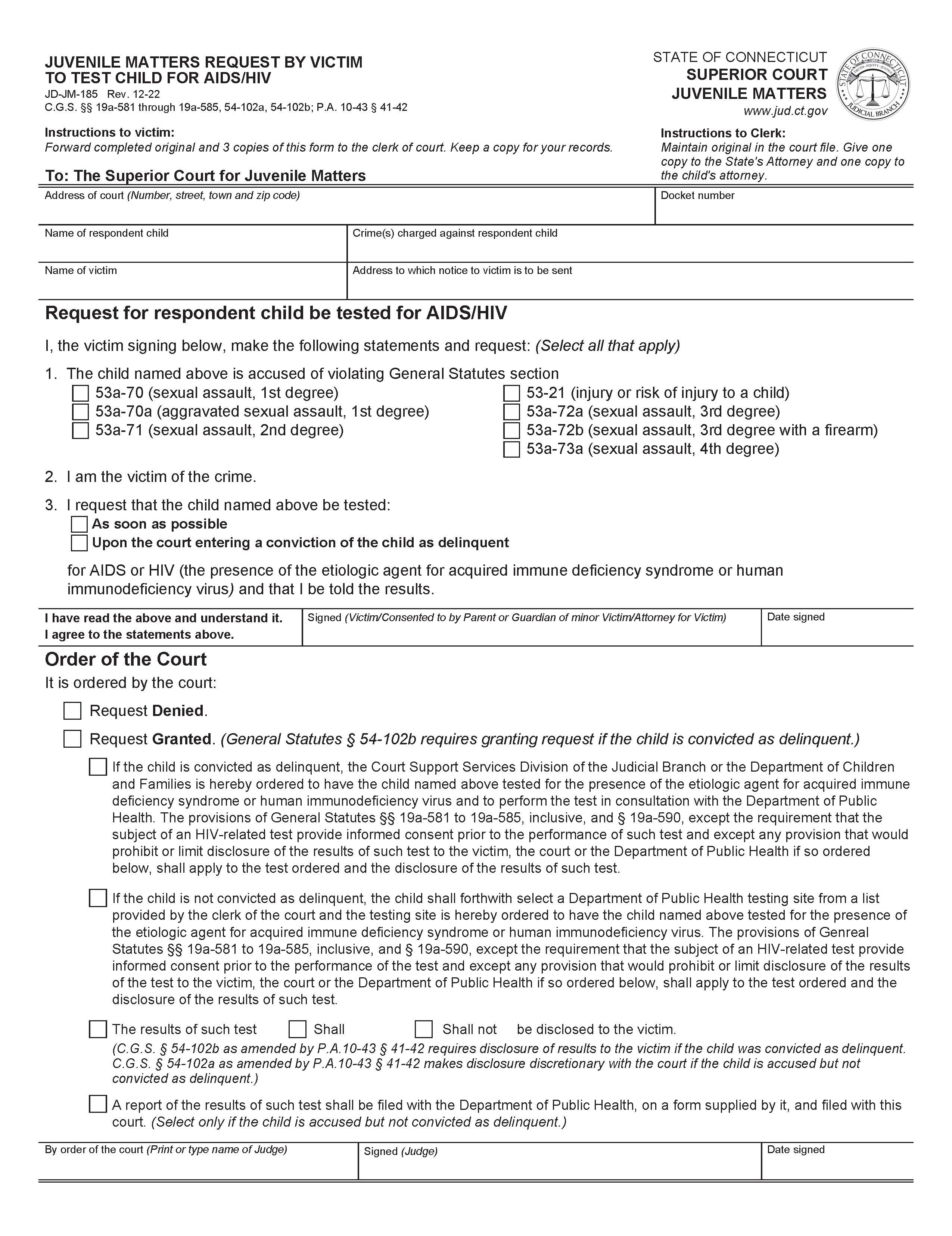 Juvenile Matters Request By Victim To Test Child For AIDS HIV {JD-JM-185} | Pdf Fpdf Doc Docx | Connecticut