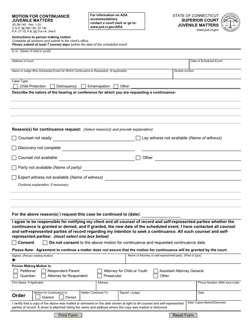 Motion For Continuance Juvenile Matters {JD-JM-140} | Pdf Fpdf Docx | Connecticut