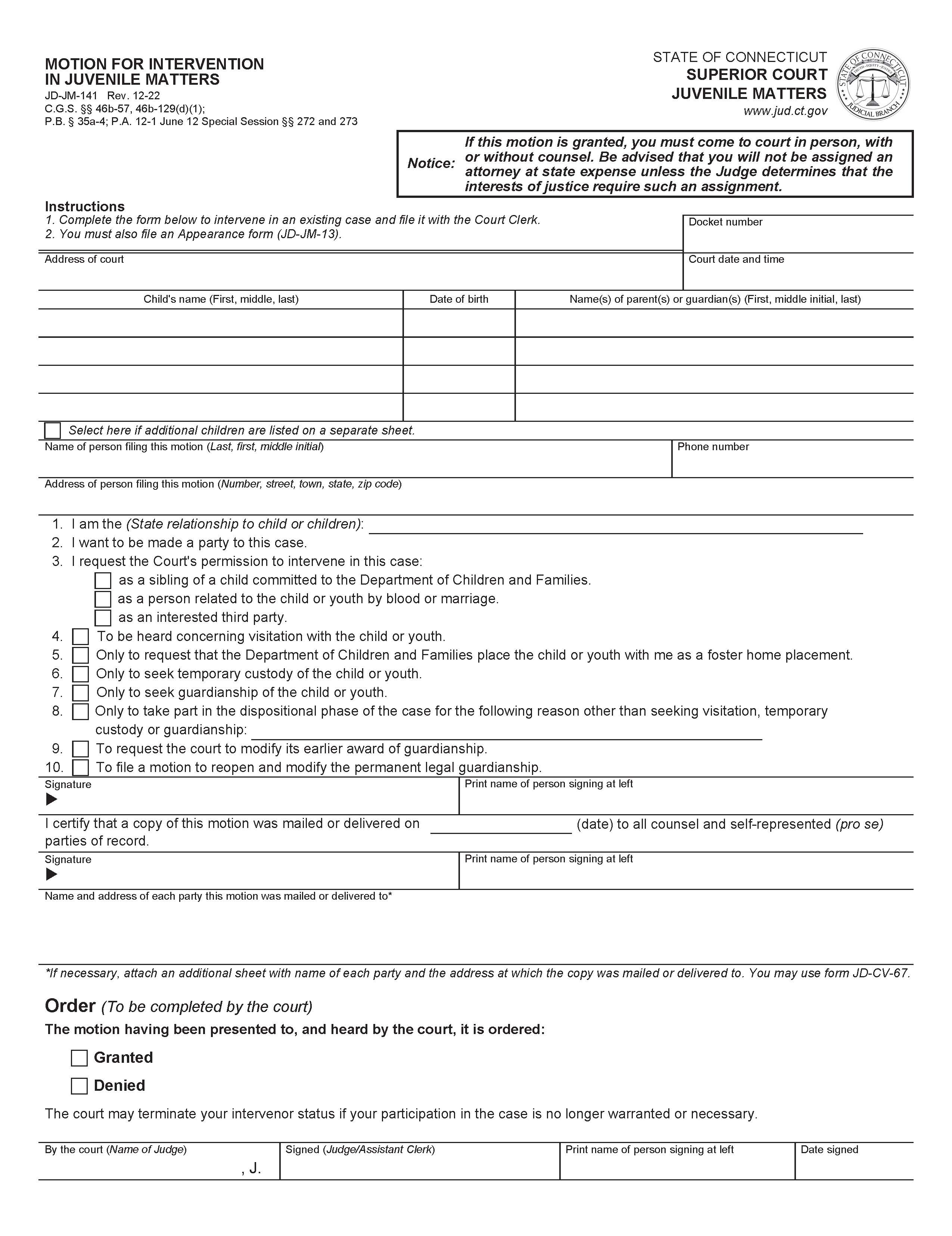 Motion For Intervention In Juvenile Matters {JD-JM-141} | Pdf Fpdf Doc Docx | Connecticut