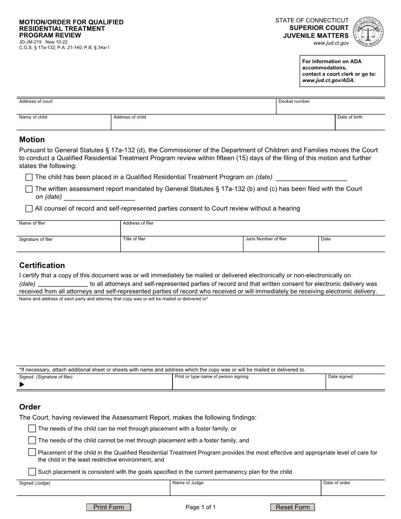 Motion For Qualified Residential Treatment Program Review {JD-JM-219} | Pdf Fpdf Docx | Connecticut