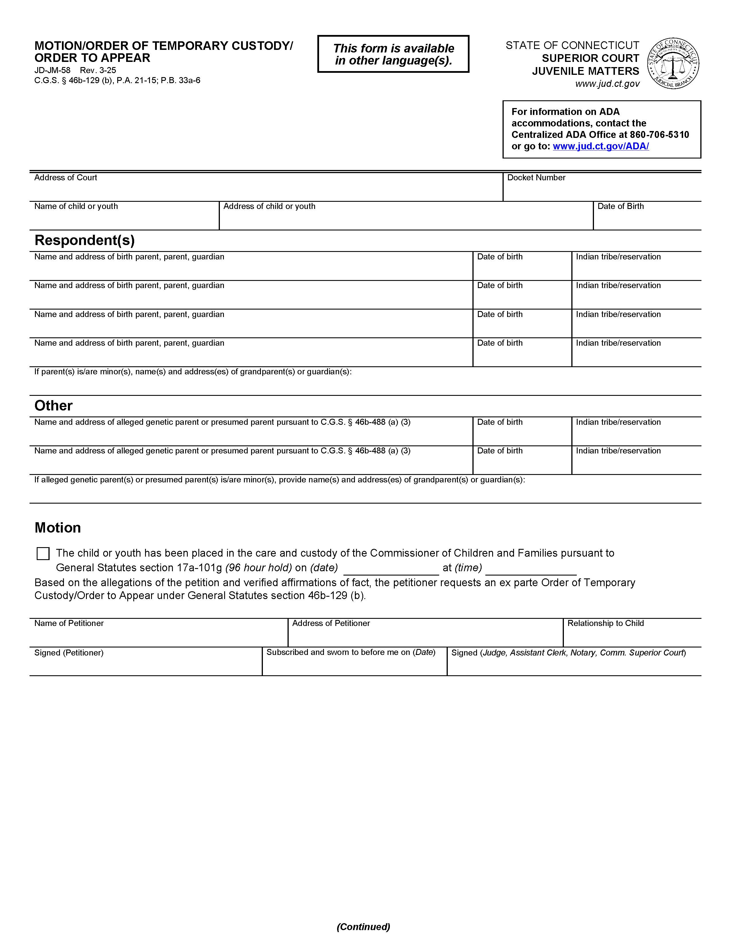 Motion Or Order Of Temporary Custody Or Order To Appear {JD-JM-58} | Pdf Fpdf Doc Docx | Connecticut
