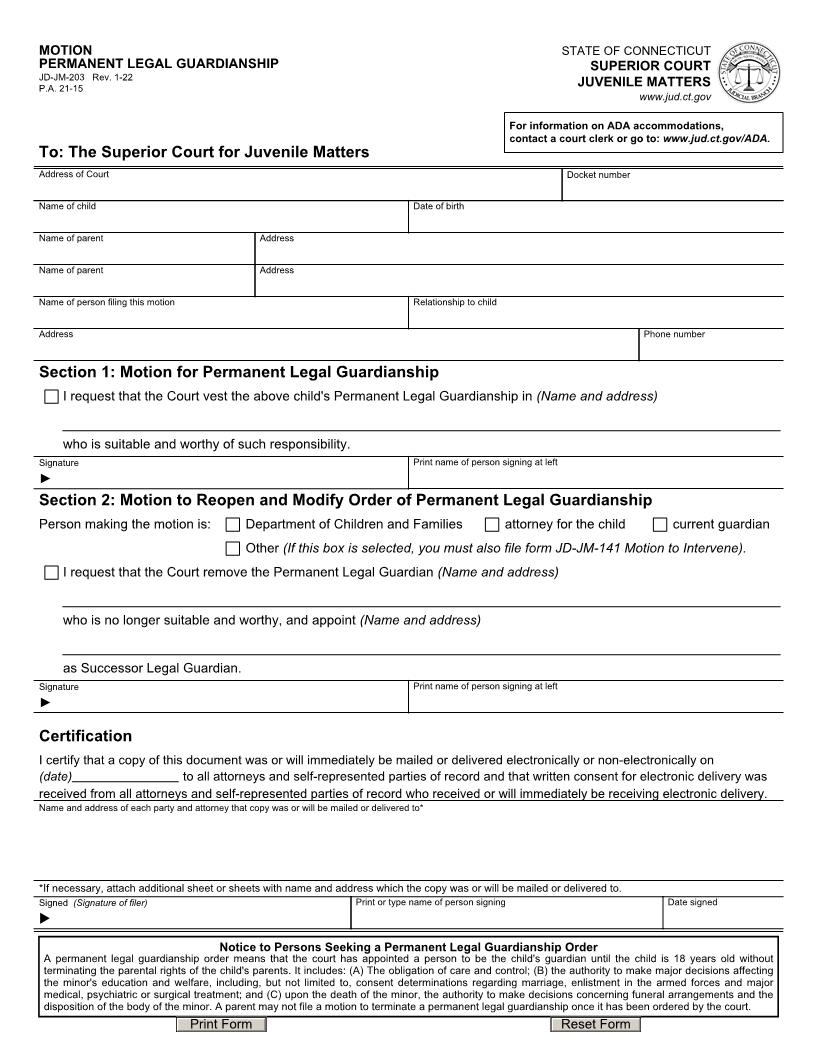Motion Permanent Legal Guardianship {JD-JM-203} | Pdf Fpdf Doc Docx | Connecticut
