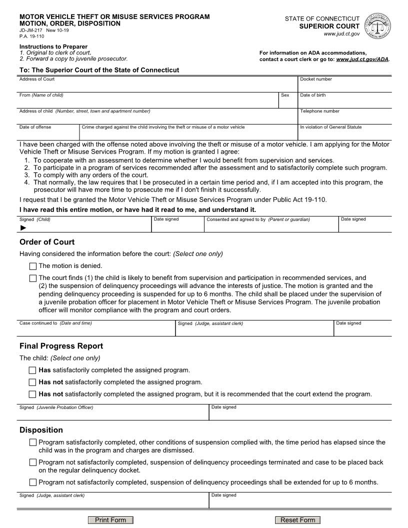 Motor Vehicle Theft Program Motion {JD-JM-217} | Pdf Fpdf Docx | Connecticut