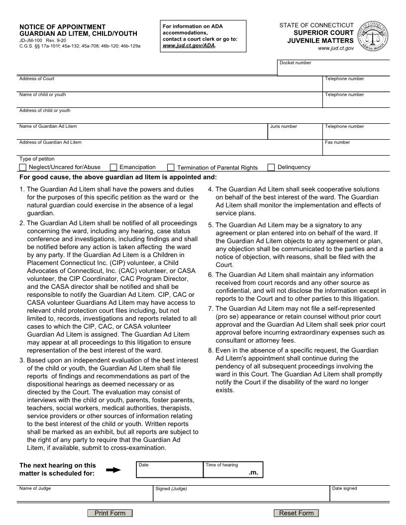 Notice Of Appointment Guardian Ad Litem Child Youth {JD-JM-100} | Pdf Fpdf Doc Docx | Connecticut