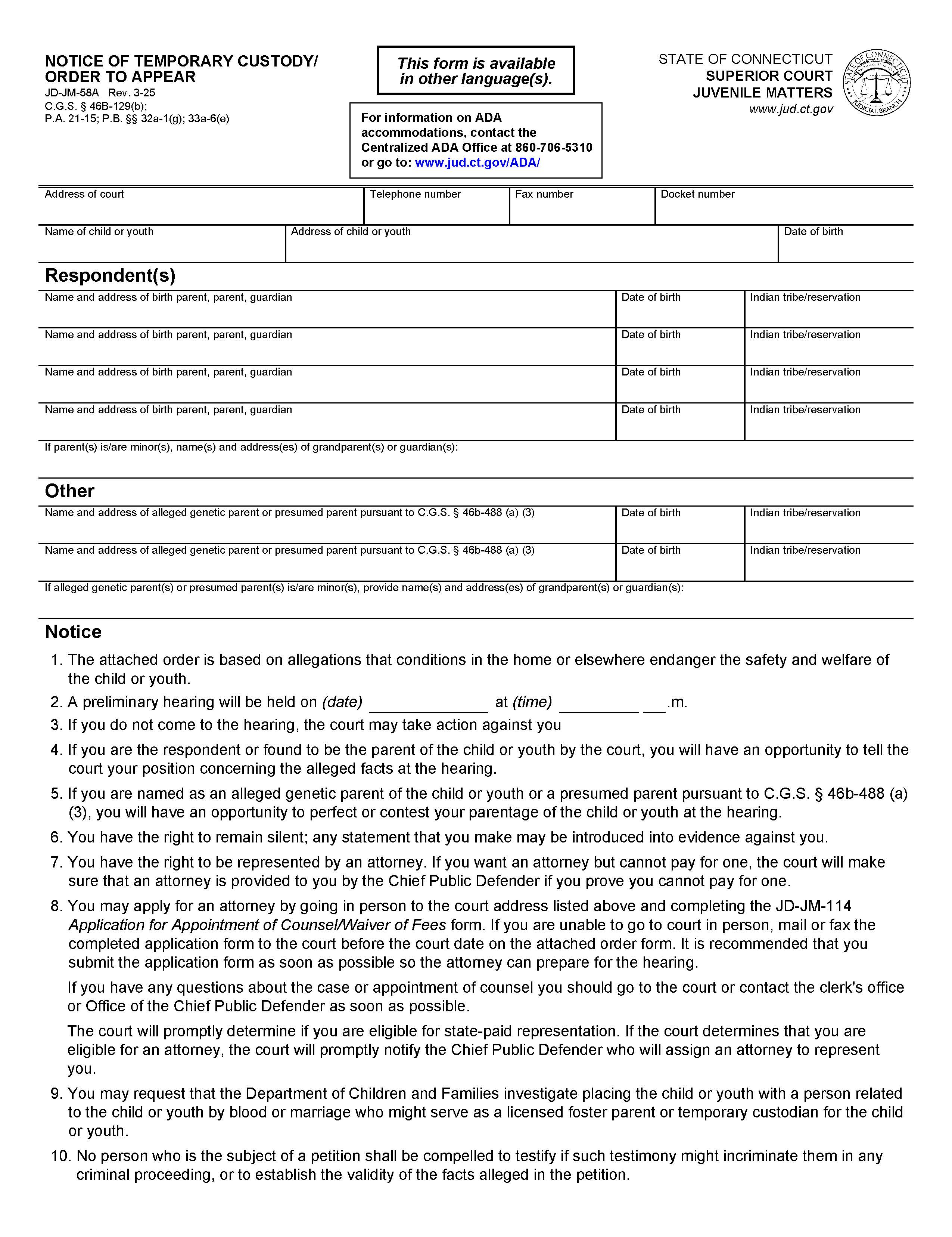 Notice Of Temporary Custody Order To Apper {JD-JM-58A} | Pdf Fpdf Doc Docx | Connecticut