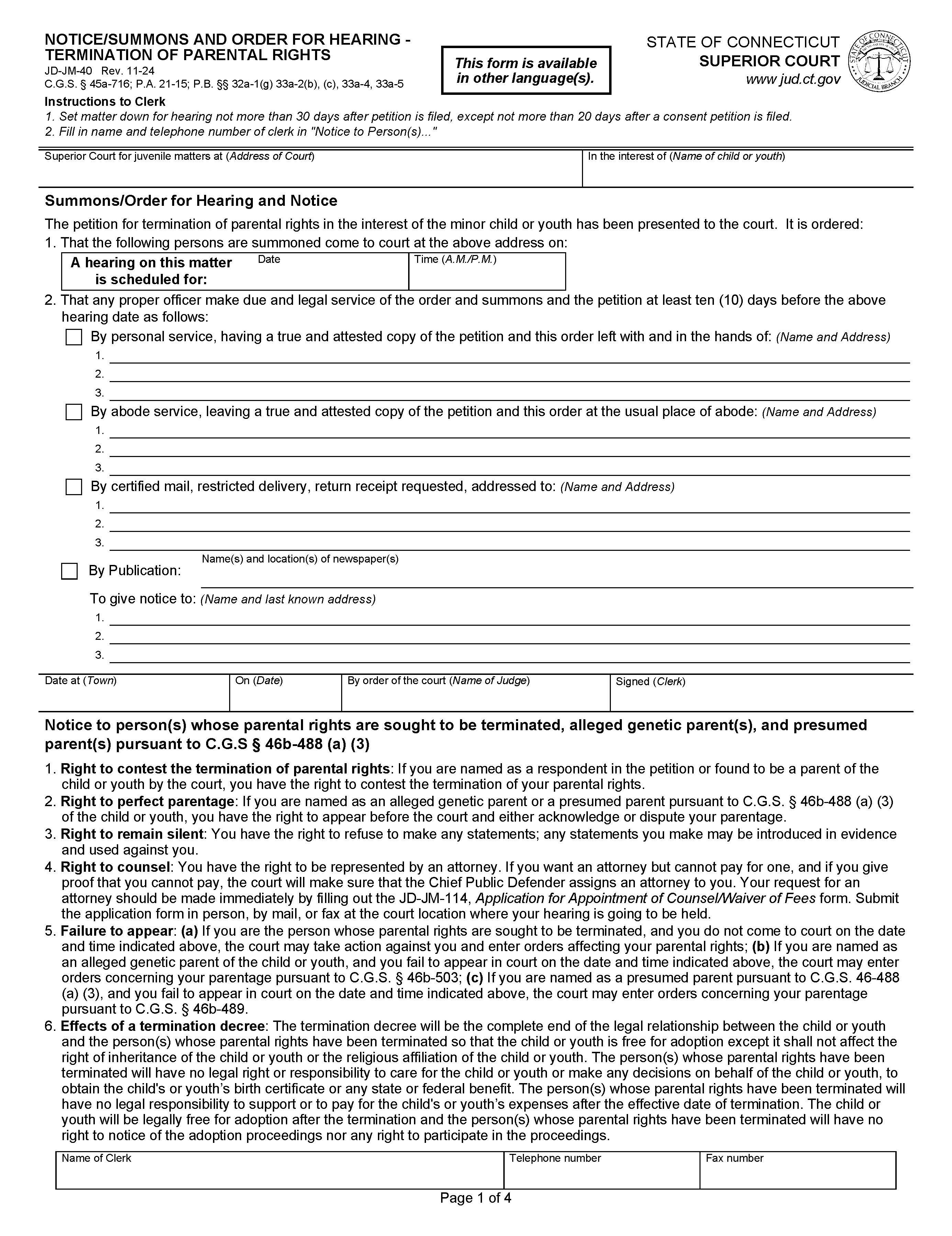 Notice Summons And Order For Hearing Termination Of Parental Rights {JD-JM-40} | Pdf Fpdf Doc Docx | Connecticut