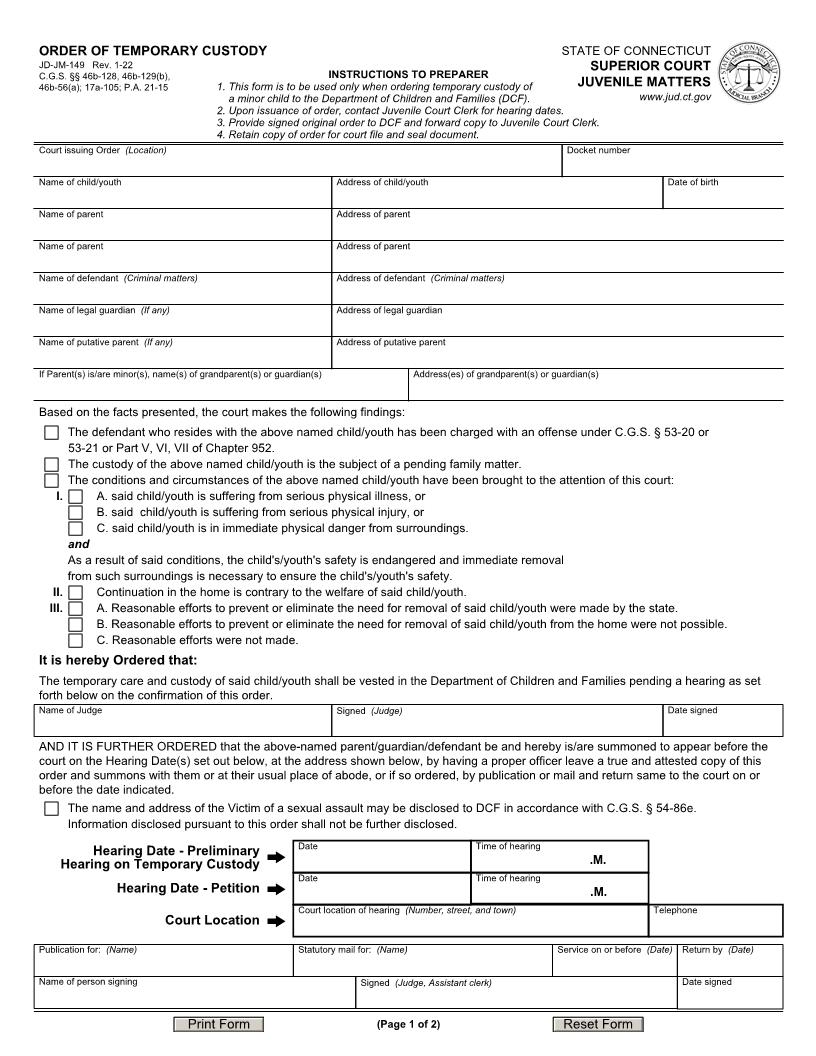 Order Of Temporary Custody {JD-JM-149} | Pdf Fpdf Doc Docx | Connecticut