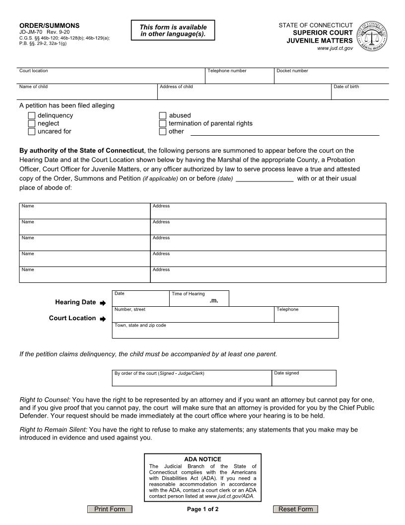Order Or Summons {JD-JM-70} | Pdf Fpdf Doc Docx | Connecticut