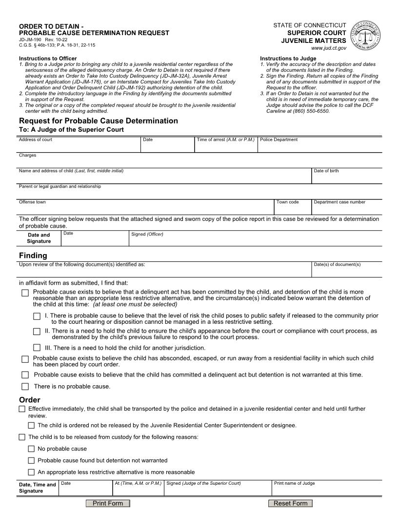 Order To Detain Probable Cause Determination Request {JD-JM-190} | Pdf Fpdf Docx | Connecticut