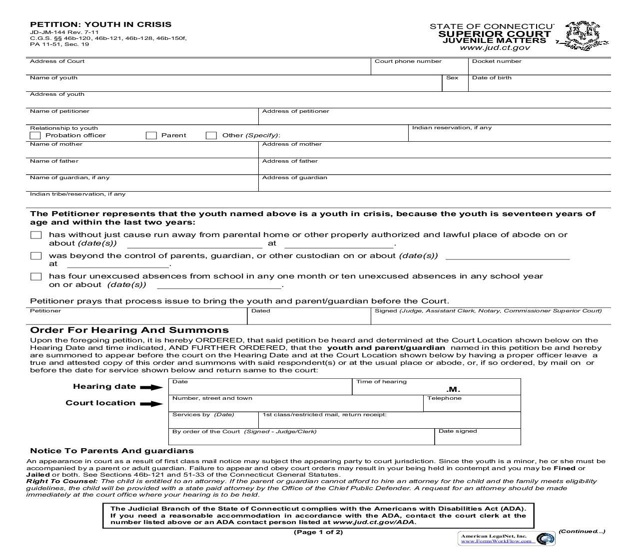 Petition - Youth In Crisis {JD-JM-144} | Pdf Fpdf Doc Docx | Connecticut