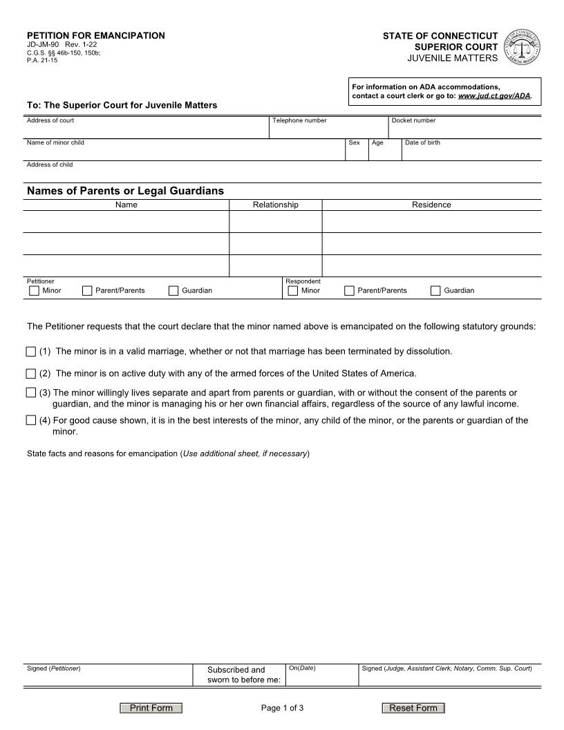 Petition For Emancipation {JD-JM-90} | Pdf Fpdf Doc Docx | Connecticut