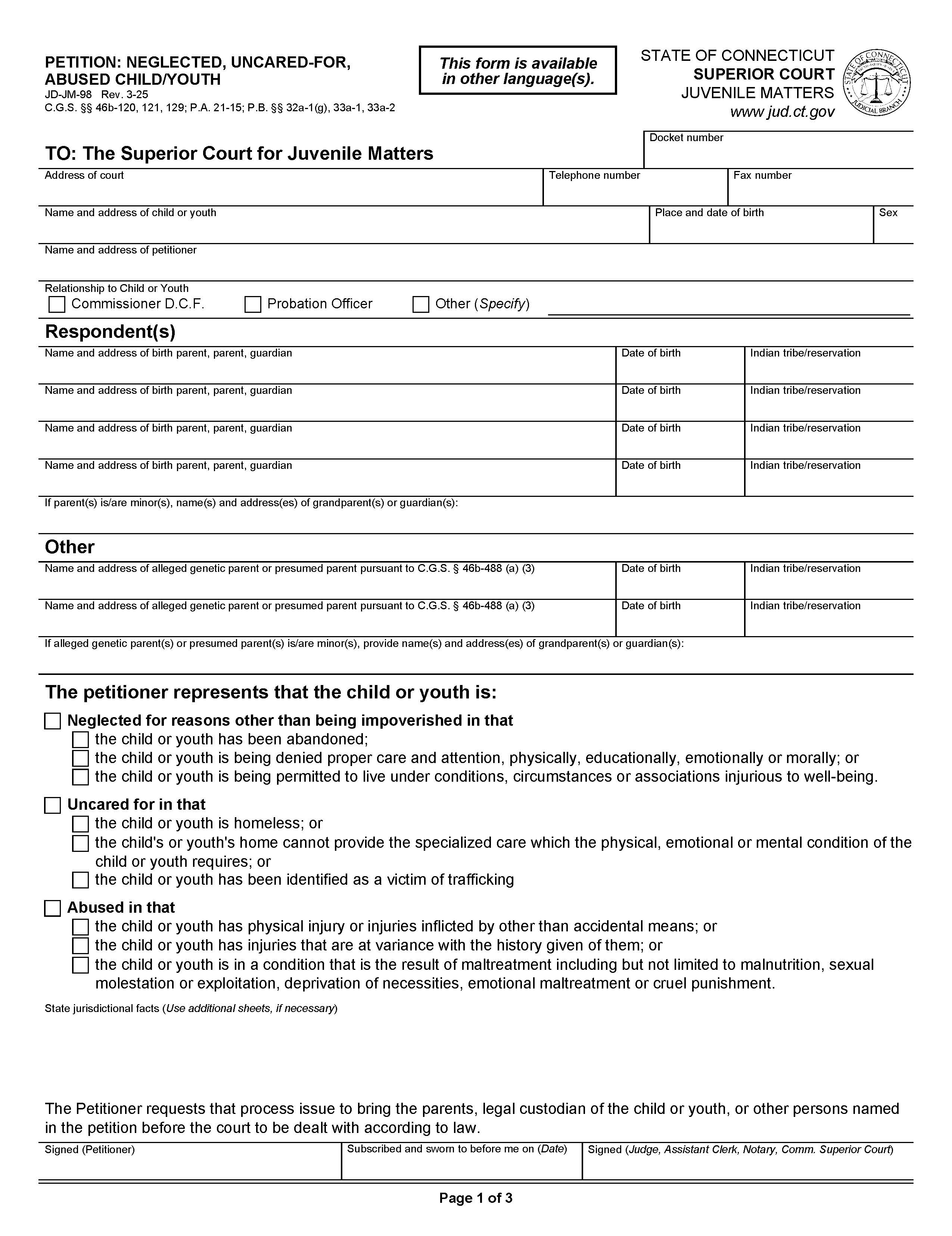 Petition Neglected Uncared For Abused Child Youth {JD-JM-98} | Pdf Fpdf Doc Docx | Connecticut
