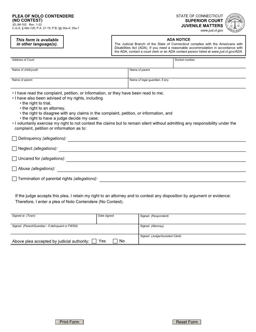 Plea Of Nolo Contendere {JD-JM-102} | Pdf Fpdf Doc Docx | Connecticut