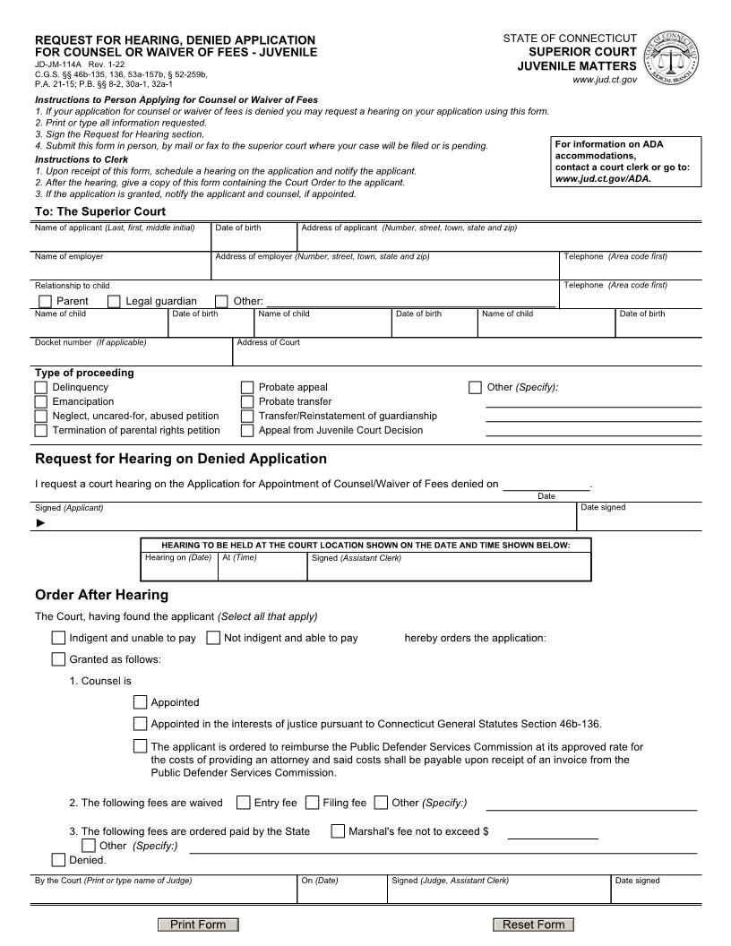 Request For Hearing Denied Application For Counsel Or Waiver Of Fees {JD-JM-114A} | Pdf Fpdf Doc Docx | Connecticut