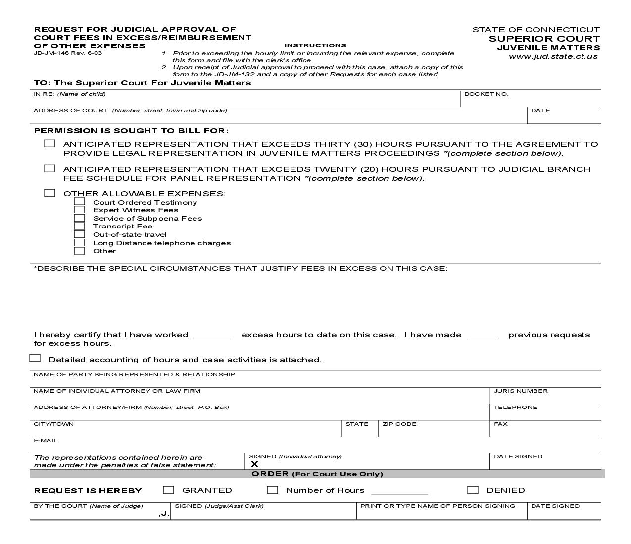 Request For Judicial Approval Of Court Fees In Excess Or Reimbursement Of Other Expenses {JD-JM-146} | Pdf Fpdf Doc Docx | Connecticut