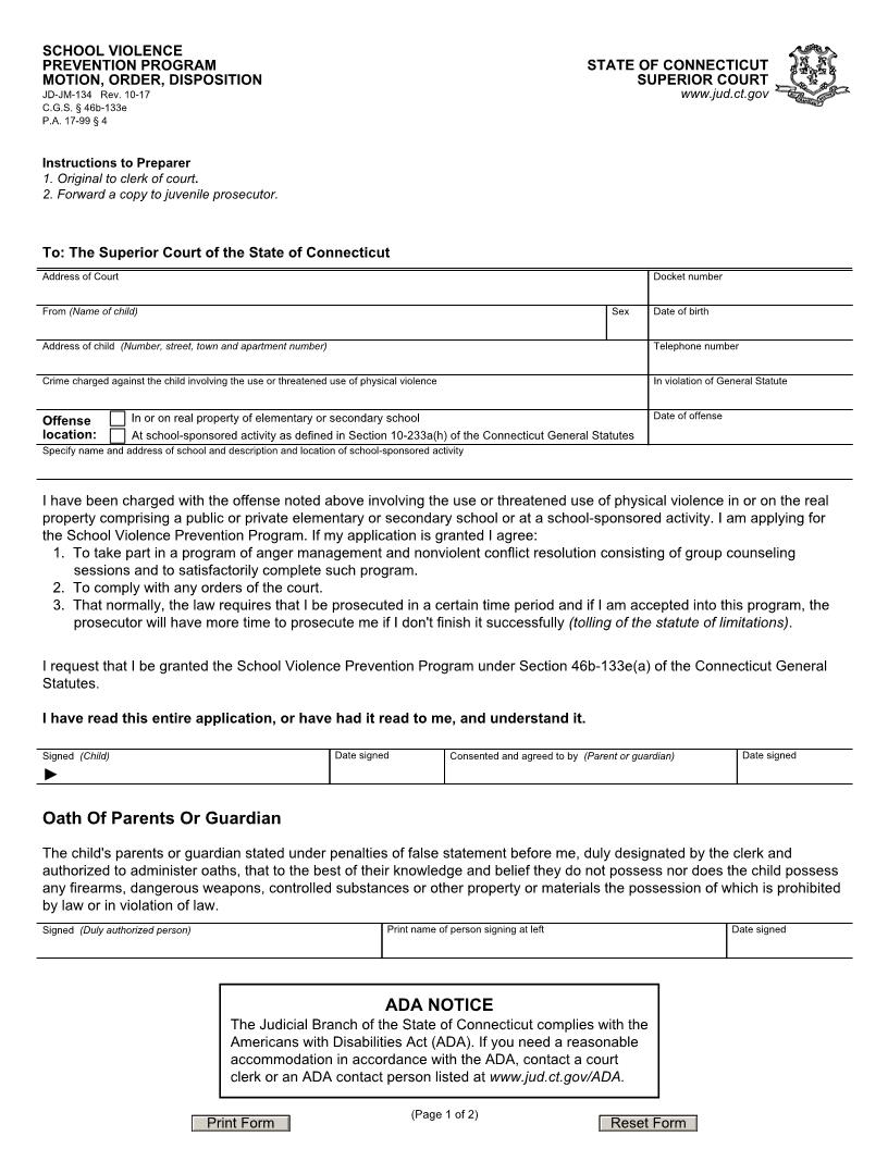 School Violence Prevention Program Motion Order Disposition {JD-JM-134} | Pdf Fpdf Doc Docx | Connecticut