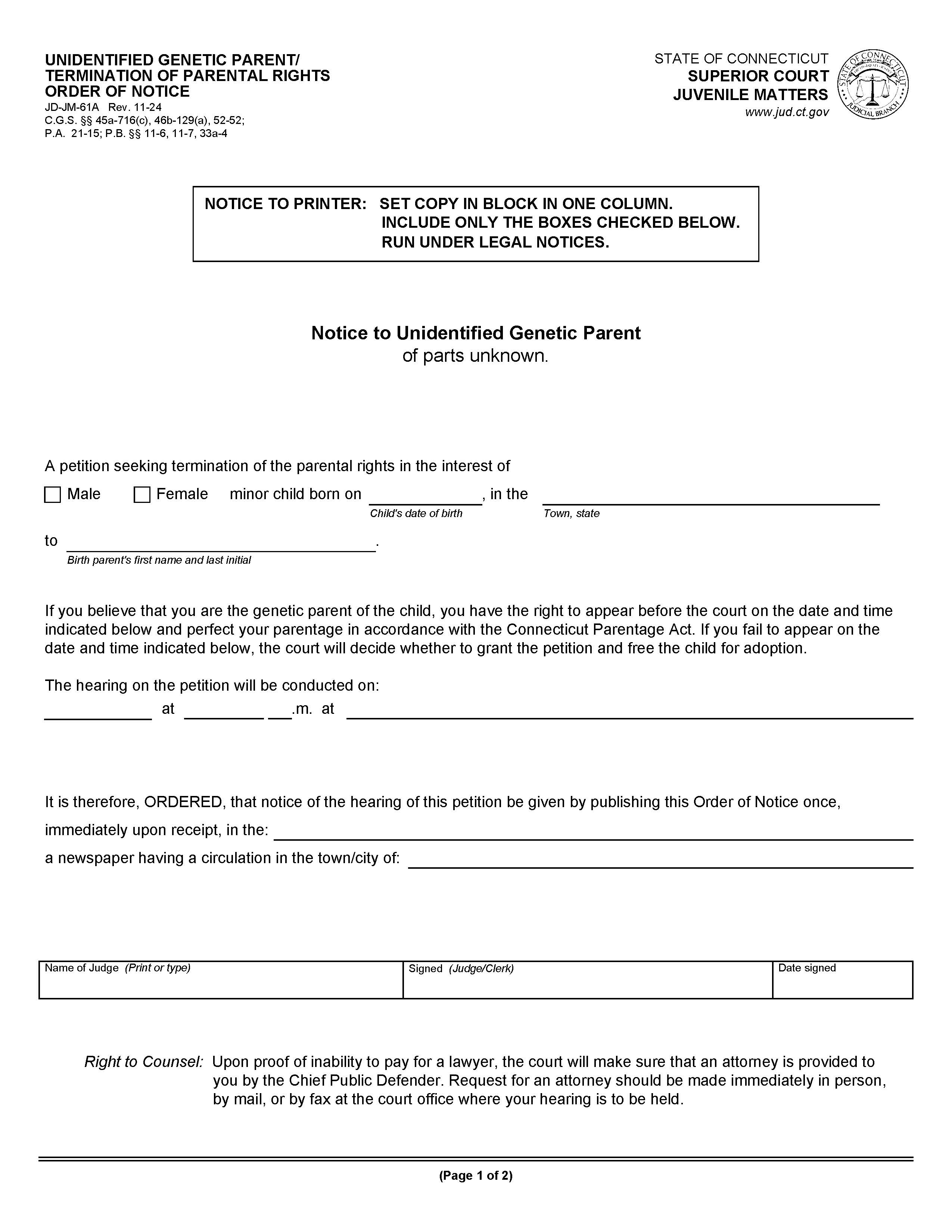 Unidentified Person Termination Of Parent Rights Order Of Notice {JD-JM-61A} | Pdf Fpdf Doc Docx | Connecticut
