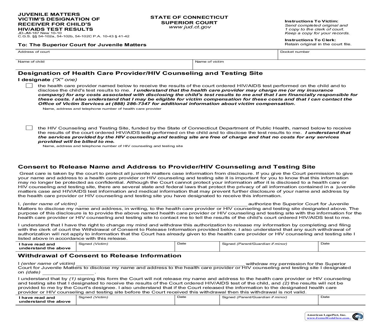 Victims Designation Of Receiver For Childs HIV Or AIDS Test Results {JD-JM-187} | Pdf Fpdf Doc Docx | Connecticut