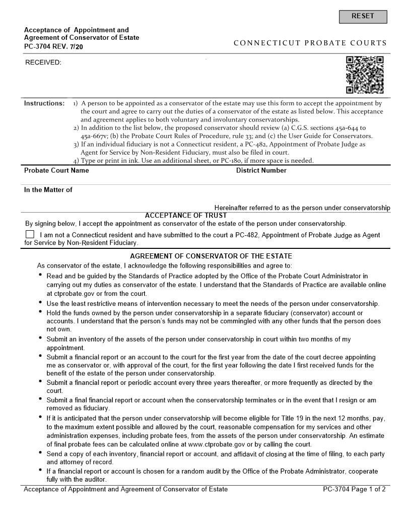 Acceptance Of Appointment And Agreement Of Conservator Of Estate {PC-3704} | Pdf Fpdf Docx | Connecticut