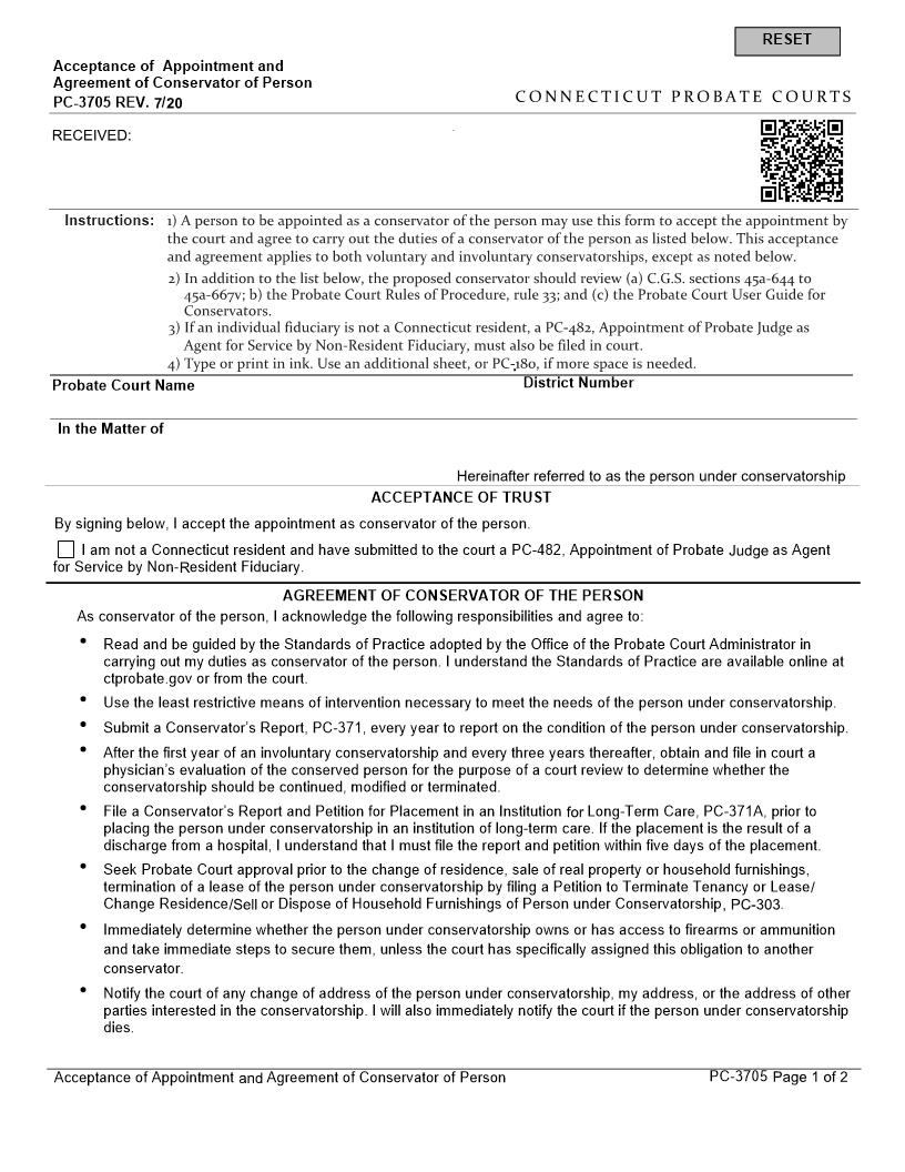 Acceptance Of Appointment And Agreement Of Conservator Of Person {PC-3705} | Pdf Fpdf Docx | Connecticut