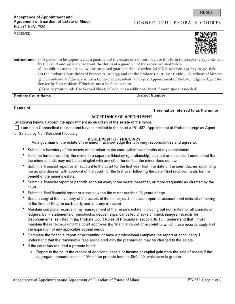 Acceptance Of Appointment And Agreement Of Guardian Of Estate Of Minor {PC-571} | Pdf Fpdf Doc Docx | Connecticut
