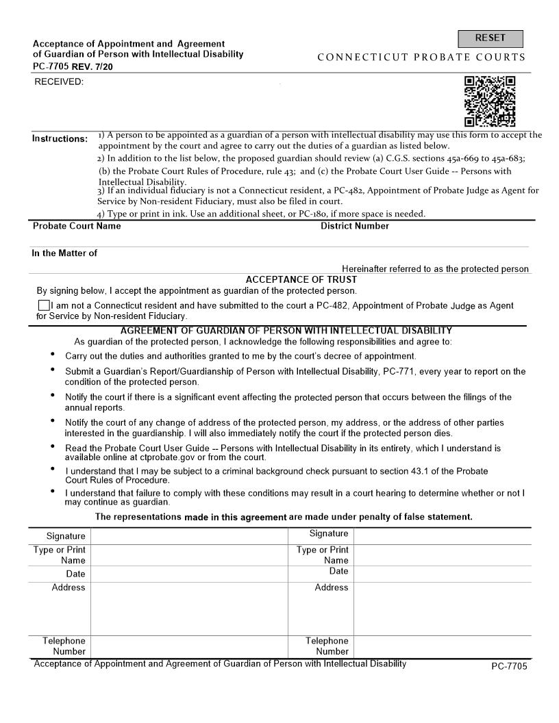 Acceptance Of Appointment And Agreement Of Guardian Of Person With Intellectual Disability {PC-7705} | Pdf Fpdf Docx | Connecticut