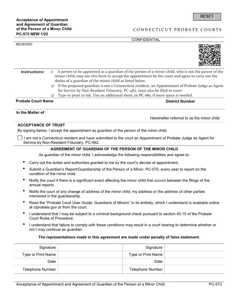 Acceptance Of Appointment And Agreement Of Guardian Of The Person Of A Minor {PC-572} | Pdf Fpdf Docx | Connecticut