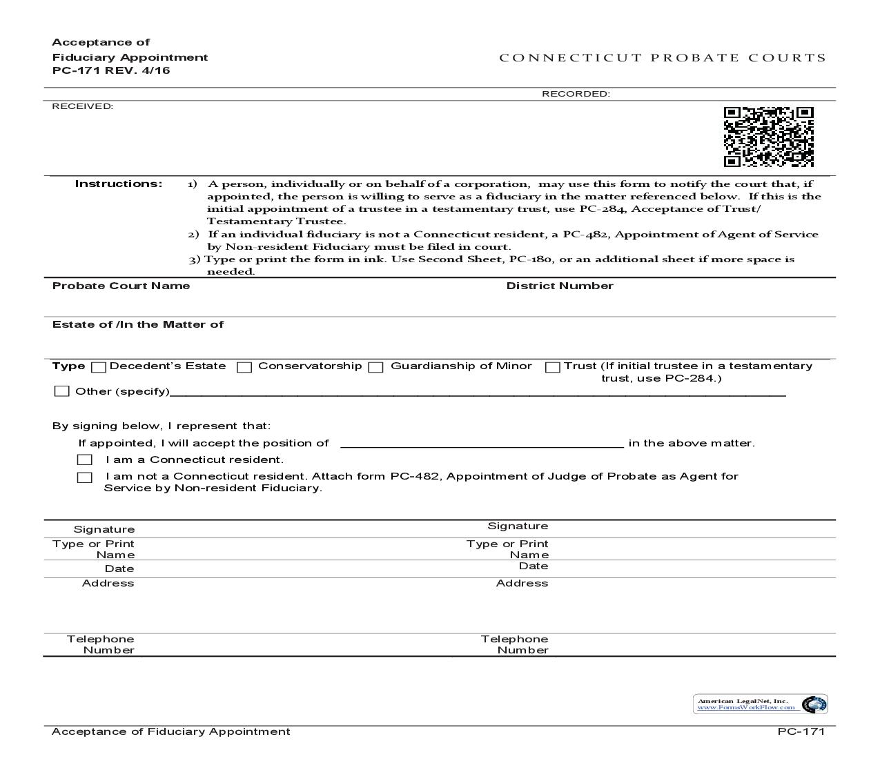 Acceptance Of Fiduciary Appointment {PC-171} | Pdf Fpdf Doc Docx | Connecticut