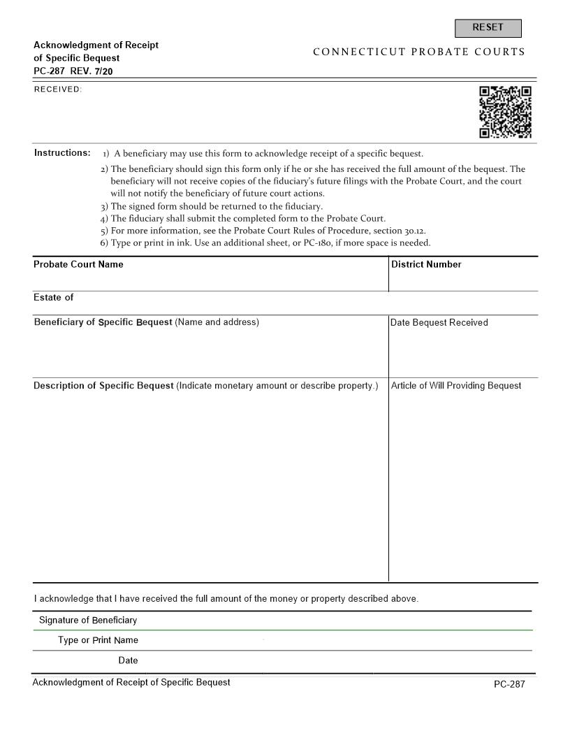 Acknowledgment Of Receipt Of Specific Bequest {PC-287} | Pdf Fpdf Docx | Connecticut