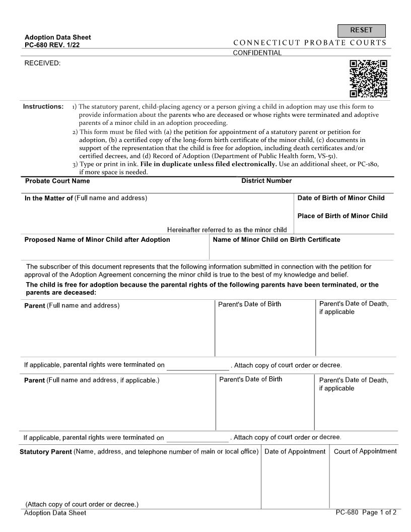 Adoption Data Sheet {PC-680} | Pdf Fpdf Docx | Connecticut