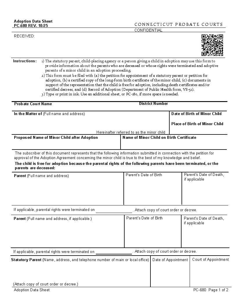 Adoption Data Sheet {PC-680} | Pdf Fpdf Docx | Connecticut