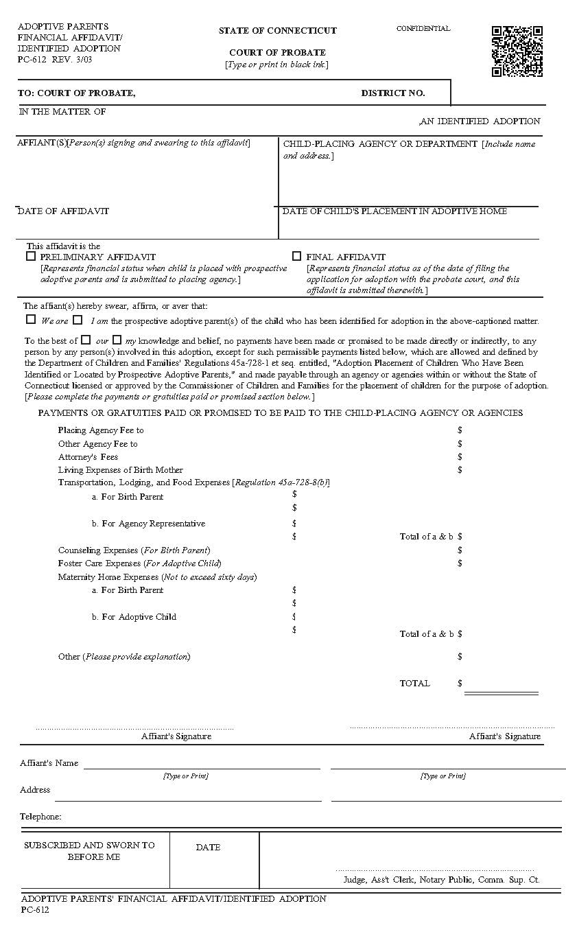 Adoptive Parents Financial Affidavit Identified Adoption {PC-612} | Pdf Fpdf Doc Docx | Connecticut