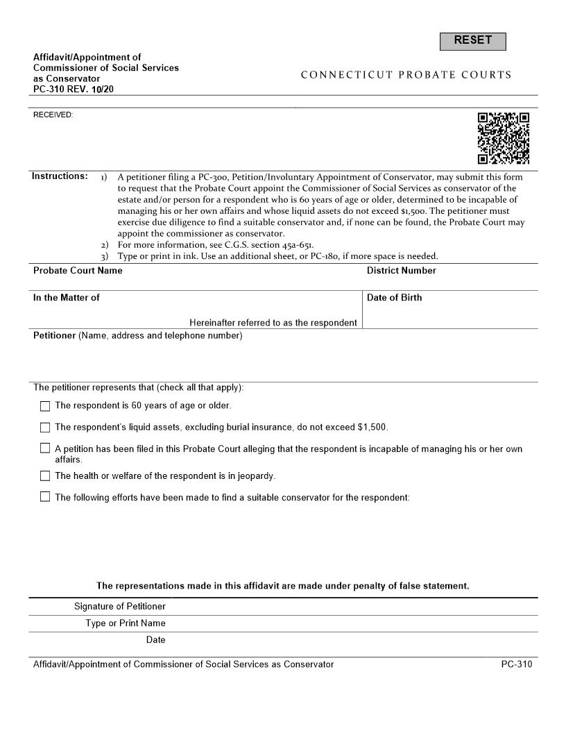Affidavit Appointment Of Commissioner Of Social Services As Conservator {PC-310} | Pdf Fpdf Doc Docx | Connecticut