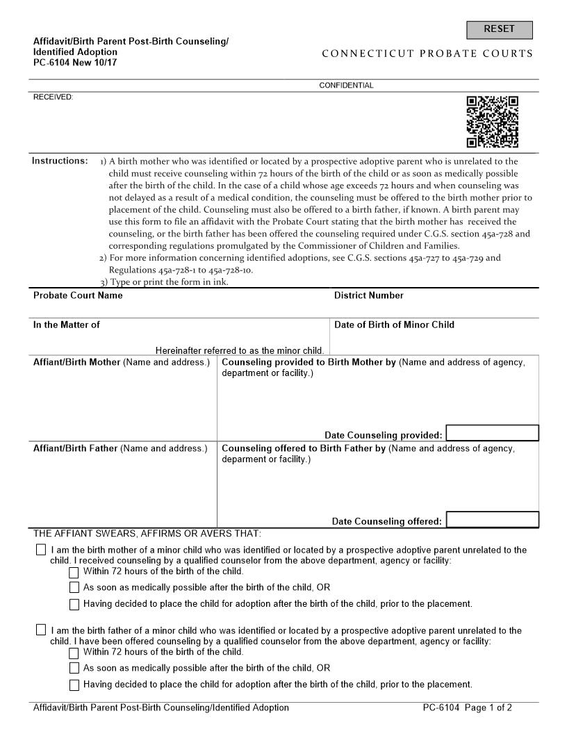 Affidavit Birth Parent Post Birth Counseling Identified Adoption {PC-6104} | Pdf Fpdf Docx | Connecticut