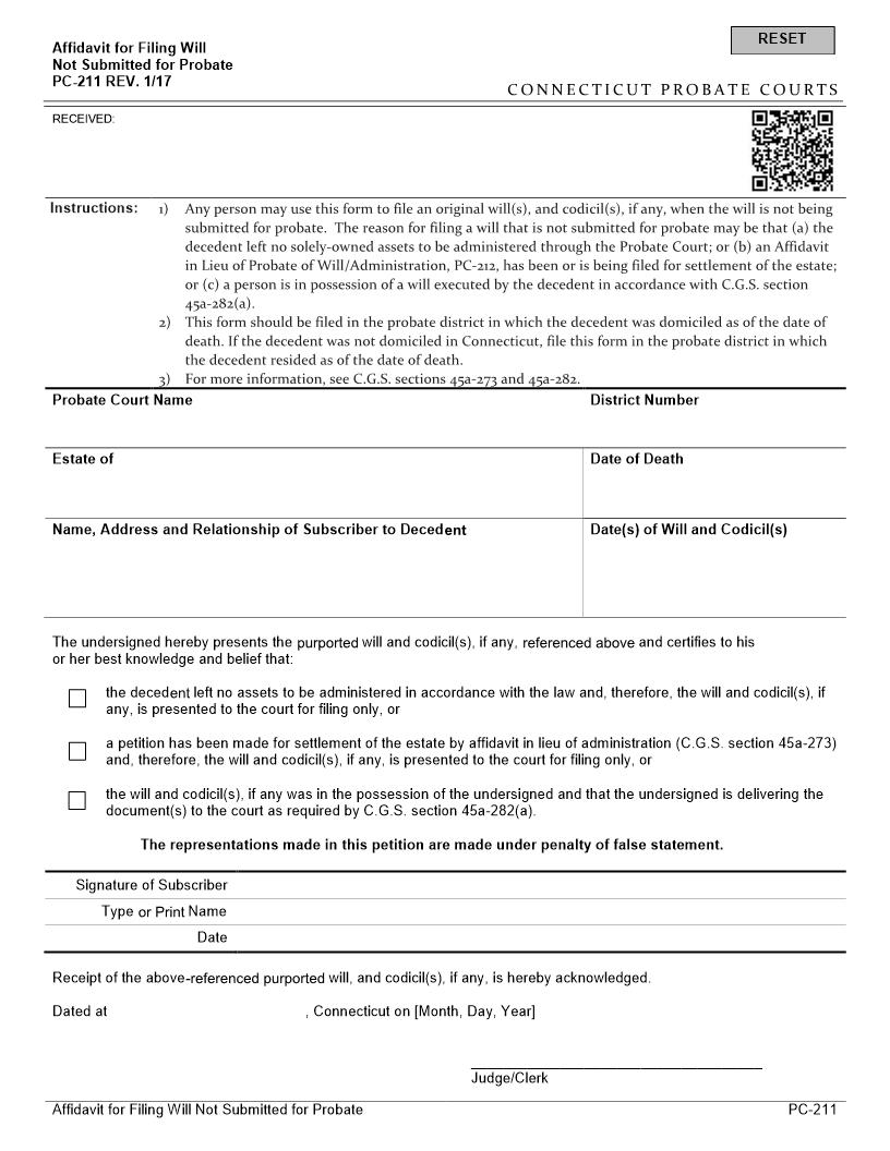 Affidavit For Filing Will - Not Submitted For Probate {PC-211} | Pdf Fpdf Doc Docx | Connecticut