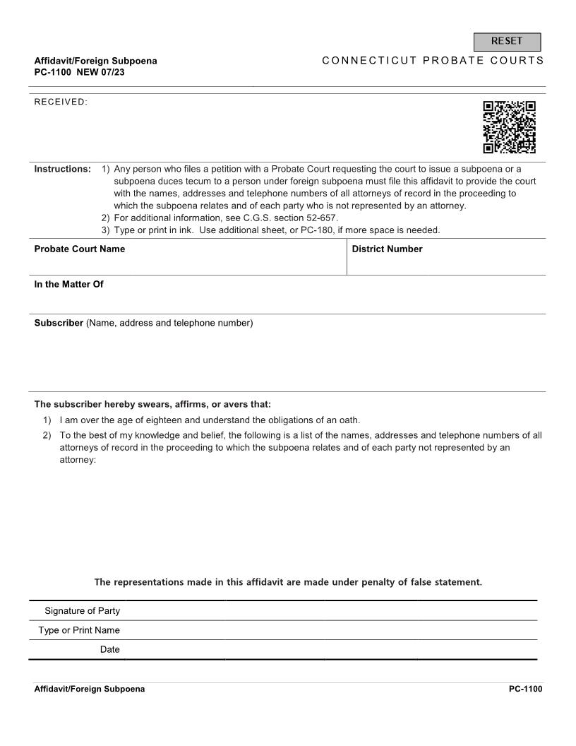Affidavit Foreign Subpoena {PC-1100} | Pdf Fpdf Docx | Connecticut