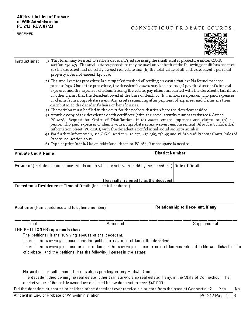 Affidavit In Lieu Of Administration {PC-212} | Pdf Fpdf Docx | Connecticut