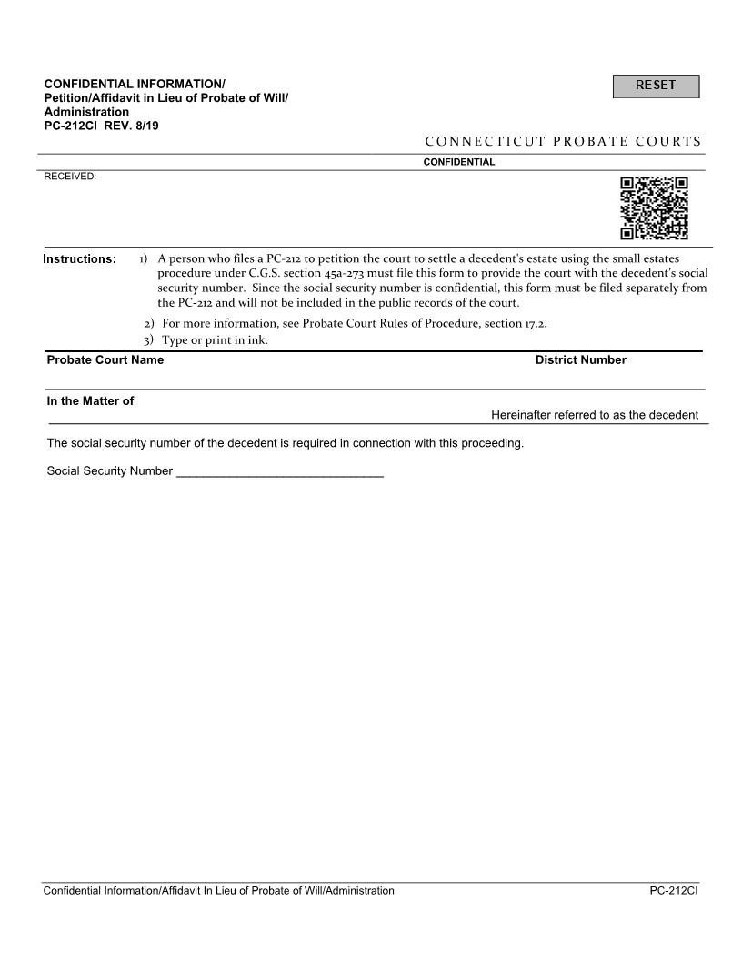 Affidavit In Lieu Of Administration {PC-212CI} | Pdf Fpdf Docx | Connecticut