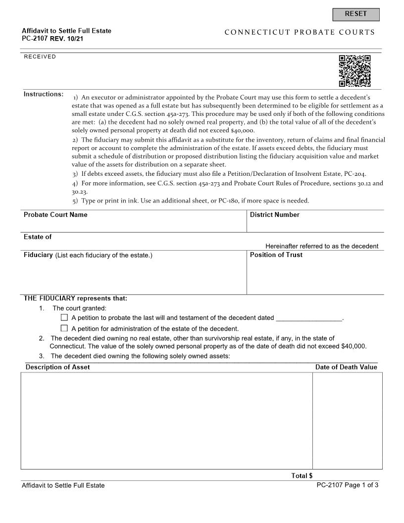 Affidavit In Lieu Of Administration To Settle Full Estate {PC-2107} | Pdf Fpdf Docx | Connecticut