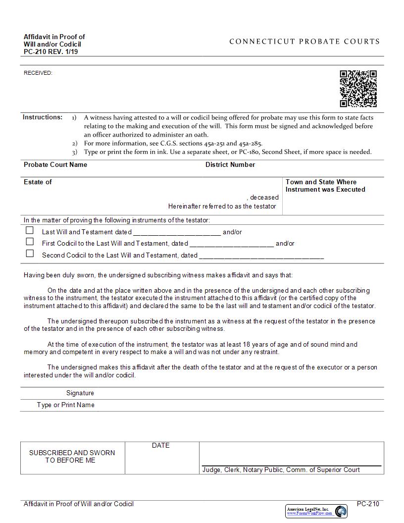 Affidavit In Proof Of Will And Or Codicil {PC-210} | Pdf Fpdf Docx | Connecticut