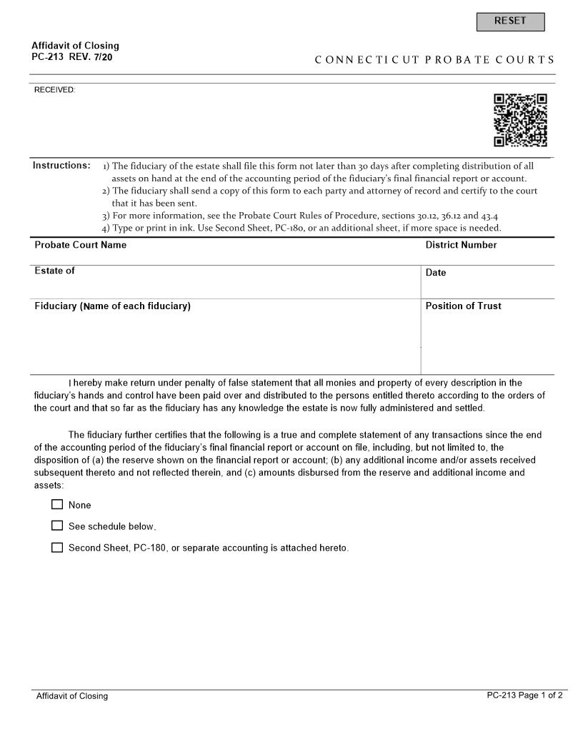Affidavit Of Closing Of Estate {PC-213} | Pdf Fpdf Docx | Connecticut