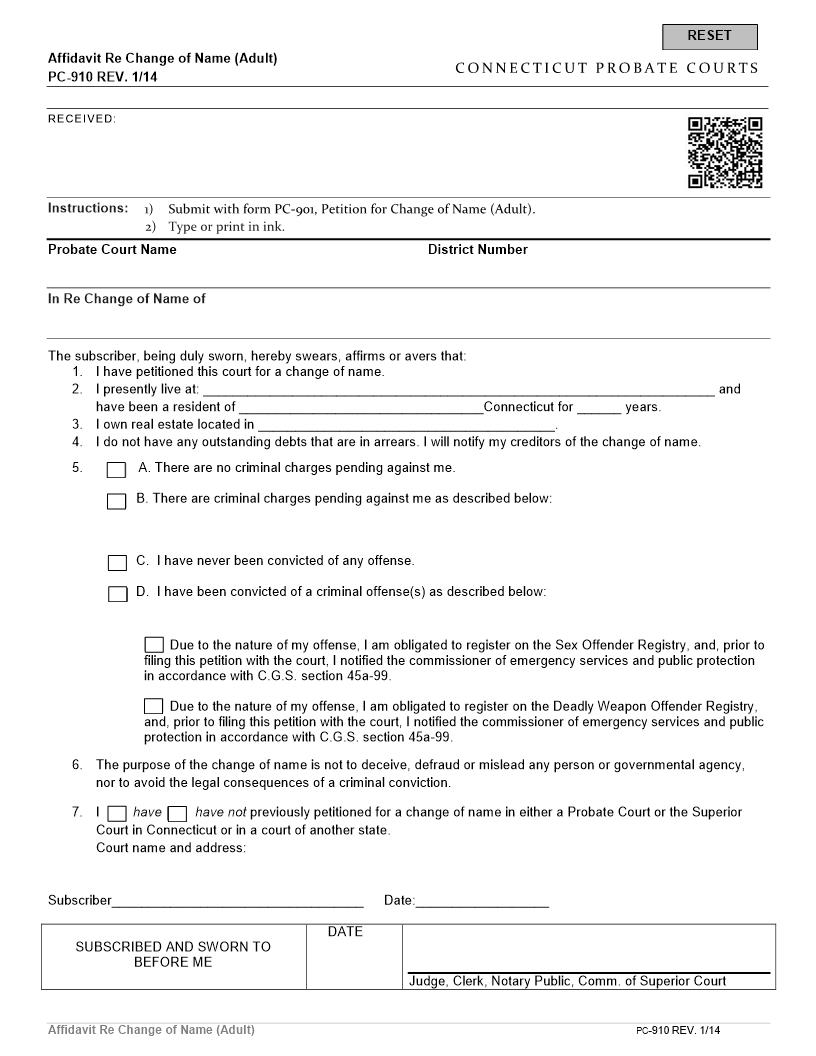 Affidavit Re Change Of Name (Adult) {PC-910} | Pdf Fpdf Doc Docx | Connecticut