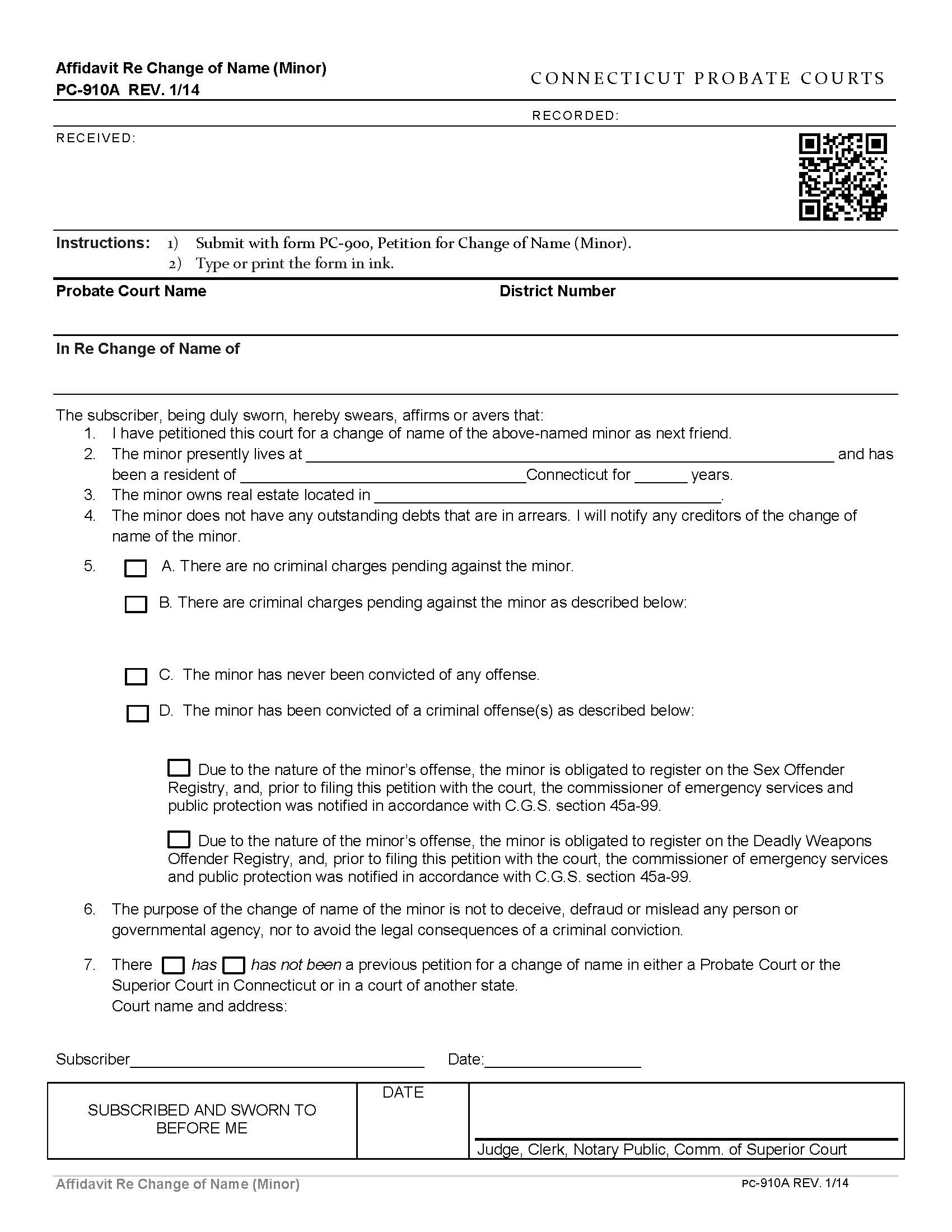 Affidavit Re Change Of Name (Minor) {PC-910A} | Pdf Fpdf Doc Docx | Connecticut